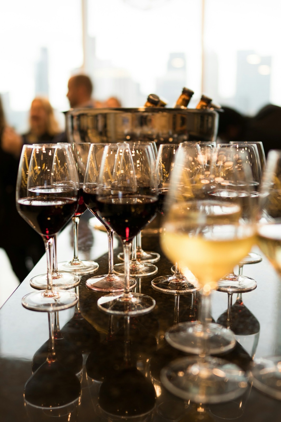 Wine glasses at an evening gathering